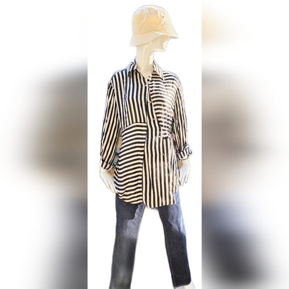 Massimo Dutti Satiny Black and Cream Striped Lounge Jacket/shirt Lg - Picture 4 of 15